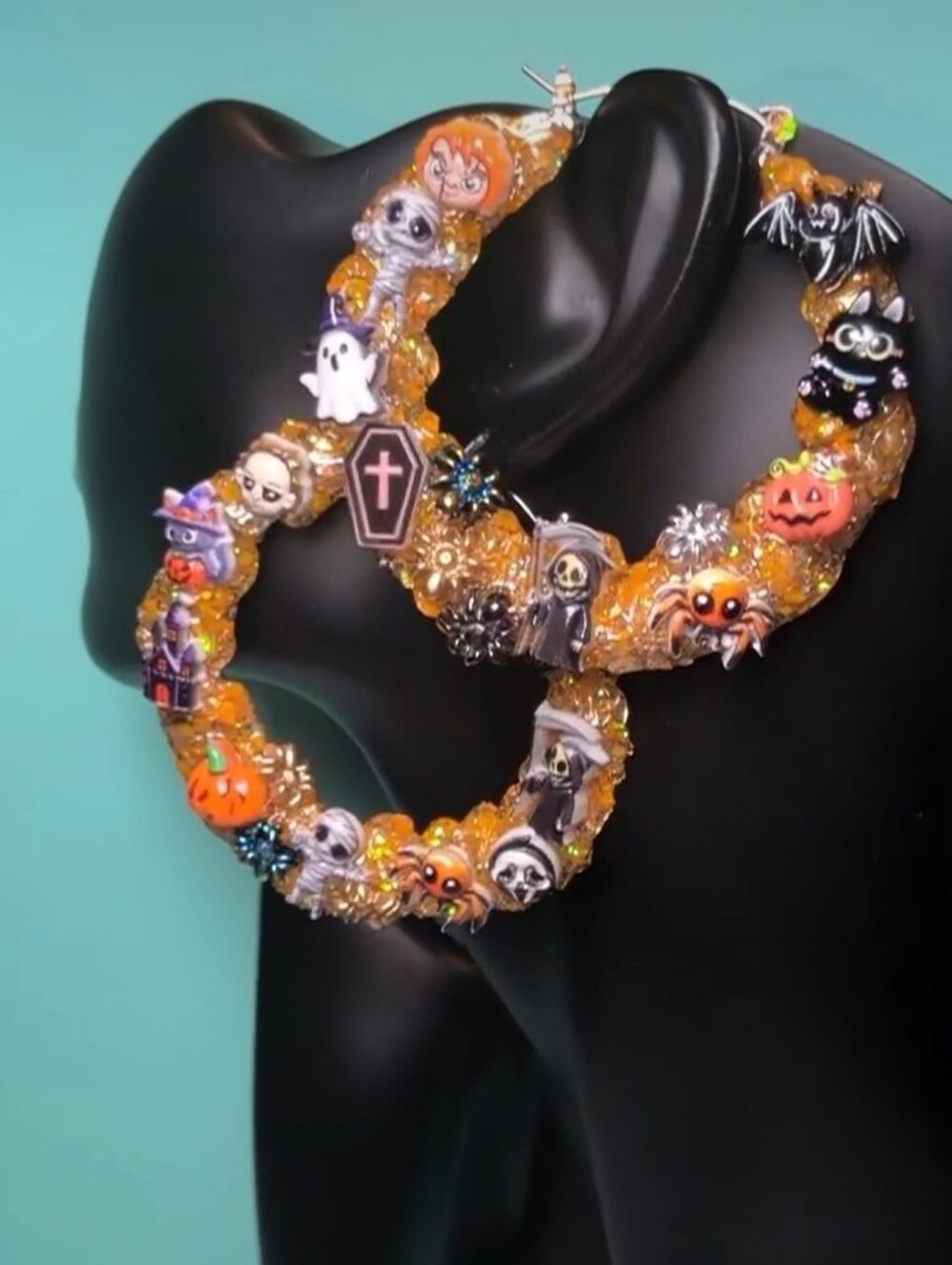 Hand CRAFTED Festive Halloween Charm Hoop Earrings for Women - Orange